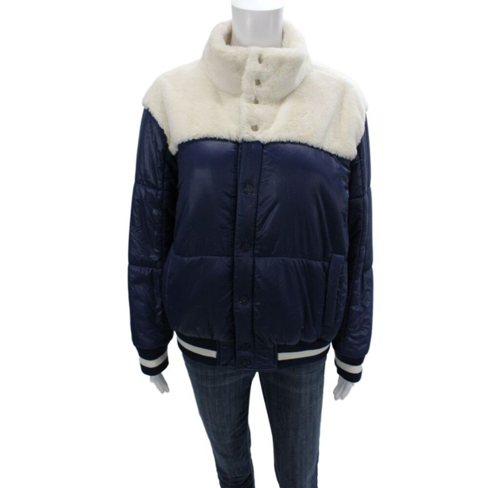 Mother Women Puffer Jacket Blue Nylon Button Long Sleeve Size L